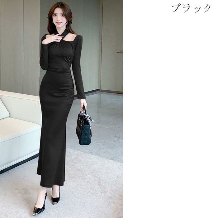 ワンピース 長袖 袖あり ロング ロング丈 タイト セクシー ワンピ タイトワンピ タイトワンピース セクシーワンピース 大人 上品 きれいめ おしゃれ キャバ スナック ラウンジ エロ パーティー ドレス 胸元 胸開き 黒 ブラック 赤 20代 30代 40代 韓国 レディース 春夏