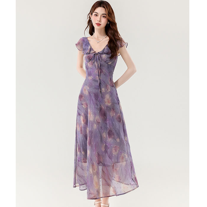 【期間限定 全品30％OFF】ロングワンピース 半袖 袖あり 体型カバー フレア 大人 上品 清楚 エレガント 大人かわいい リゾート ドレス風 カジュアル 大人カジュアル お呼ばれ デート 韓国風 きれいめコーデ おしゃれワンピ 夏ワンピース 20代 30代 40代 紫 春夏 人気 夏服