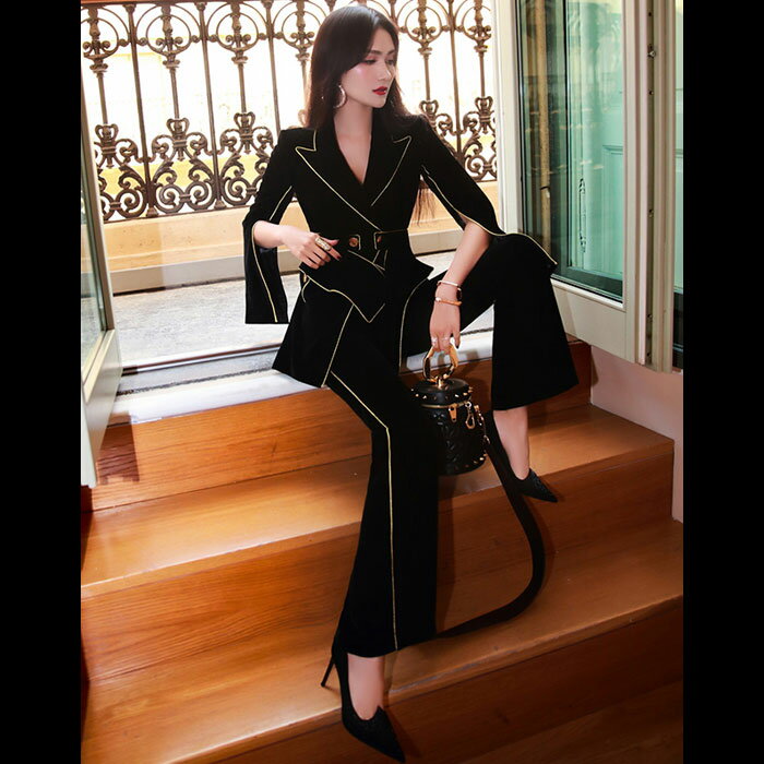 黒 イエローラインスレンダーロングパンツ 30代 代 ロング 40代 胸元 50代 セットアップ 韓国 綺麗 長袖ジャケット おしゃれ レディース ファッション セットアップ レディース ジャケット スーツ セット アンサンブル パンツ 長袖 大人 スタイル 上品 色気 セクシー