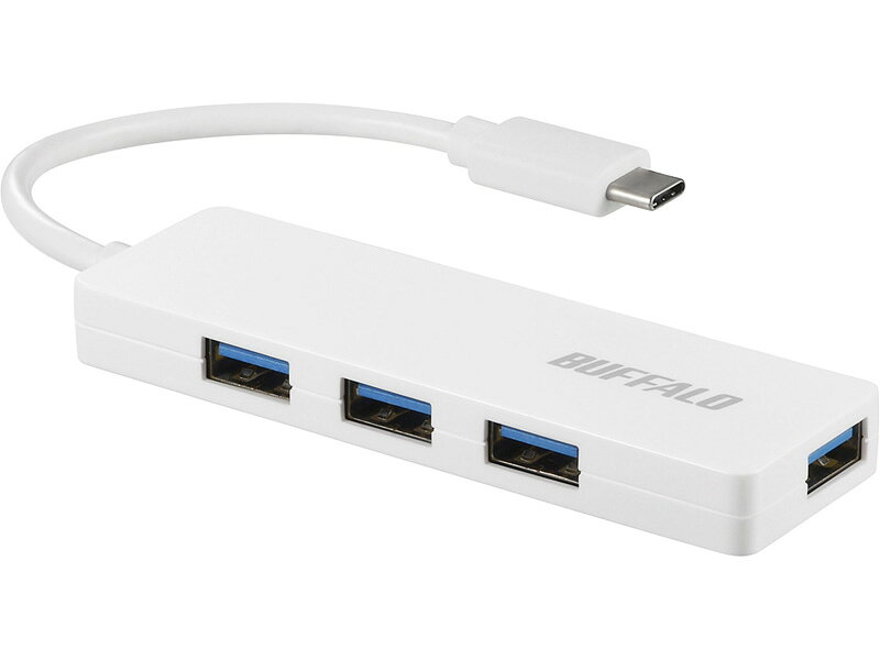 ●タイプ : USB3.1(Gen1) ハブ●USB規格 : [パソコン側]USB3.1 Gen1/USB2.0/USB1.1、[USBハブ搭載ポート]USB3.0/USB2.0/USB1.1●ダウンストリームポート数 : 4●アップストリームポート数 : 1●最大通信速度 : 5000Mbps●電源 : バスパワー●対応OS : Windows 10/8.1/7、Mac OS X10.9以降●本体カラー : ホワイト●本体サイズ(H) : 11mm●本体サイズ(W) : 96mm●本体サイズ(D) : 31mm●本体重量 : 35gお手持ちのUSB Type-A機器をType-Cで使える USB Type-Cを搭載した最新パソコンにお手持ちのUSB Type-A対応商品を合計4台接続できるUSBハブです。 USB3.1Gen1対応 USB3.1 Gen1規格の機器を接続可能。 最大転送速度は規格値上、5Gbpsです。 新規格Type-Cコネクターとは 表・裏どちらの向きでも挿入できるリバーシブルコネクターです。 ※USBハブ（HUB）って、何？？ USBハブ（HUB）とは、パソコンに複数のUSB機器を接続するための分配機です。 マウス、プリンター、デジカメ、モバイル音楽プレイヤーなど、USBにてパソコンと接続する機器が増えています。USBポートの少ないノートパソコンなどでは、ポート数が足らず、不便ですが、USBハブでポート数を増やすことで、同時に多くの機器が使用できるようになります。 また、パソコン本体の裏側にUSBポートがあるデスクトップパソコンなどは、USB機器の抜き挿しが不便なこともありますが、USBハブで手元にポートを持ってくることができます。 持ち運びに便利なスリムタイプ 高品質を保ったままスリム化を実現。設置スペースもとらず、気軽に持ち運びできるサイズです。 表面にはテクスチャー加工を施し、持った時にグリップが効くようになっており、スリムでも抜き挿ししやすくなっています。 使い勝手のよい前面3ポート＋サイド1ポート設計 頻繁に抜き挿しする機器や幅の広い機器を接続するのに便利なサイドポートを1ポート備えた3+1ポートのUSBハブです。 独自の評価テストや低ノイズ設計で高い品質を実現 商品からの不要輻射を抑えた設計により、他の電子機器への悪影響となる電磁ノイズを低減し、VCCI ClassBを取得しました(※1)。 また信号品質を評価し接続互換性を高め、他のUSB機器との接続相性問題のリスクを低減し、メーカー独自の試験に合格しました(※2)。 様々な機器を接続するUSBハブだからこそ、安心してお使いいただける仕様にこだわりました。 ※1. VCCI(情報処理装置等電波障害自主規制協議会)とは、電子・電気装置から発生する妨害波などがもたらす障害を抑制し、また外部からの電気的な妨害による電子・電気装置の障害を防止するために、関係業界の協力によりそれらの妨害波や障害の抑止について自主的に規制し、電子・電気装置を利用するわが国の消費者の利益を擁護することを目的とした協会です。 ※2. 他のUSB機器との接続相性の信頼性試験として、アイパターンテストを実施しています。アイパターンテストとはUSB信号波形をサンプリングし、グラフィカルに表示して信号品質を評価する試験です。本商品はUSB規格に定められている合格基準に準拠しています。 コンセントのない場所でも使えるバスパワー ACアダプター不要。電源のいらないバスパワー対応なので、携帯にも便利です。 ケーブル直付けで持ち運びに便利 USBケーブルが本体直付けで、コンパクトに持ち運ぶことができます。 また、USBケーブルを紛失してしまう心配がありません。 RoHS基準値準拠 2006年7月からEU圏で施行された電気・電子機器に対する特定有害物質使用制限指令「RoHS指令」の基準値に準拠しています。