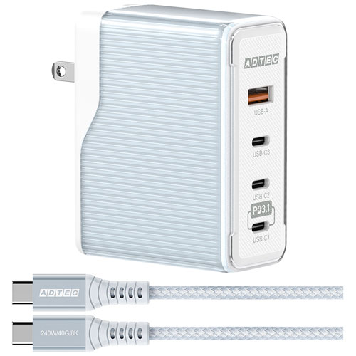 カラー:ブルー 仕様:最大150W / Type-A x1/C x3 Type-C ケーブルセット 入力端子:AC100-240V 50/60Hz 使用温度範囲:0 ～ 35℃ 外形寸法:31.0(W)×66.0(D)×80.0(H)mm 重量:約 280g データ復旧サービス:ー 準拠規格:RoHS指令対応, PSE 保証期間:1年