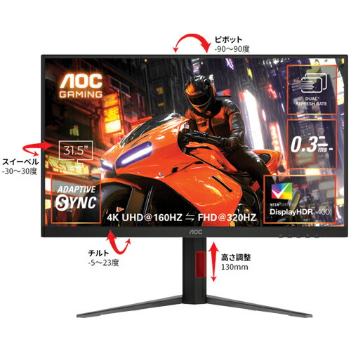 AOC U32G4/11 [31.5型ゲーミング液晶ディスプレイ/3840×2160/HDMI、DisplayPort/スピーカー：なし/160・320Hz]