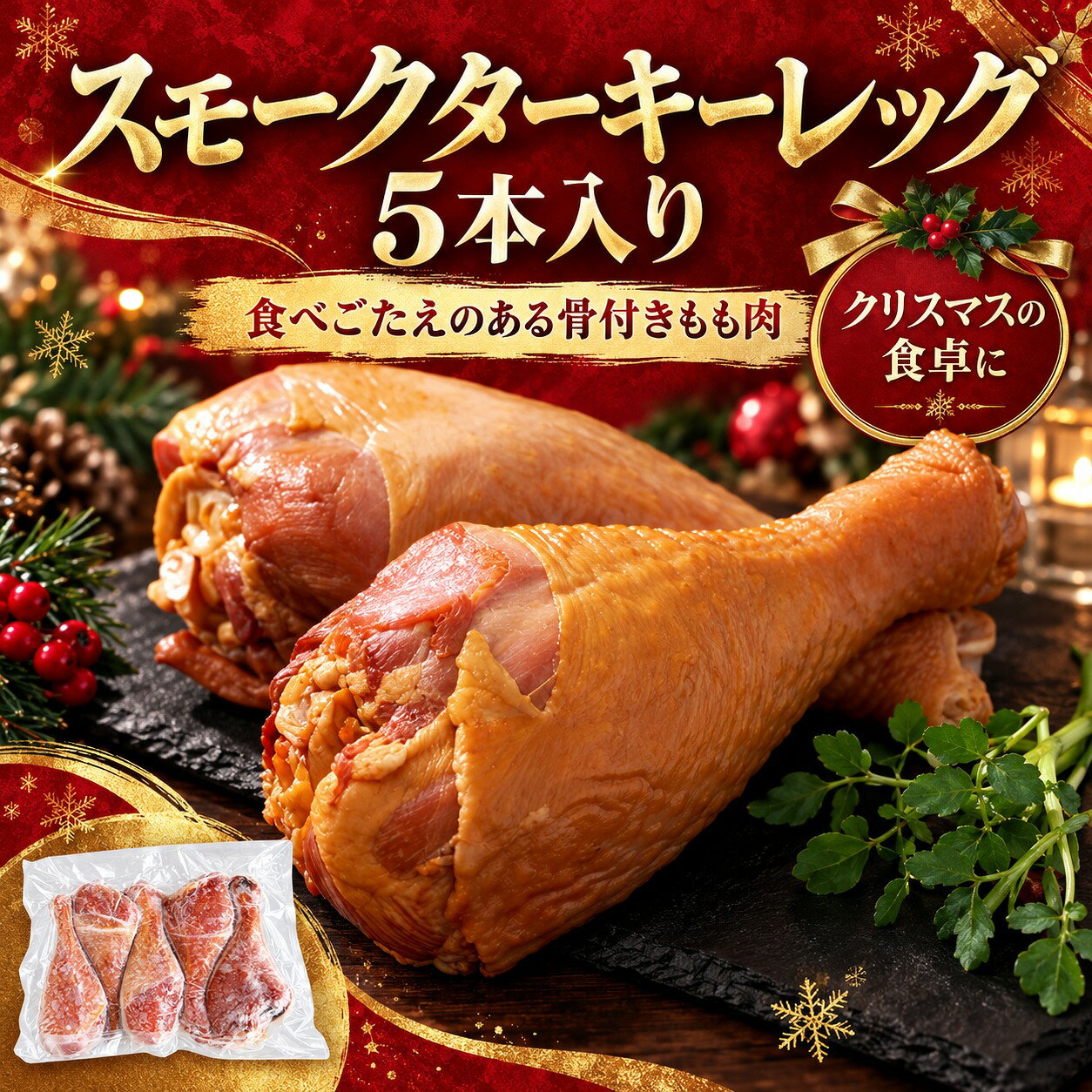 スモークターキーレッグ 5本入り 約1.5kg【骨付き 七面鳥 もも肉 ブナの木で燻製】ターキー ドラム クリスマス パーティー ごちそう 冷凍 解凍して温めるだけ 送料無料（一部地域を除く） ◇★