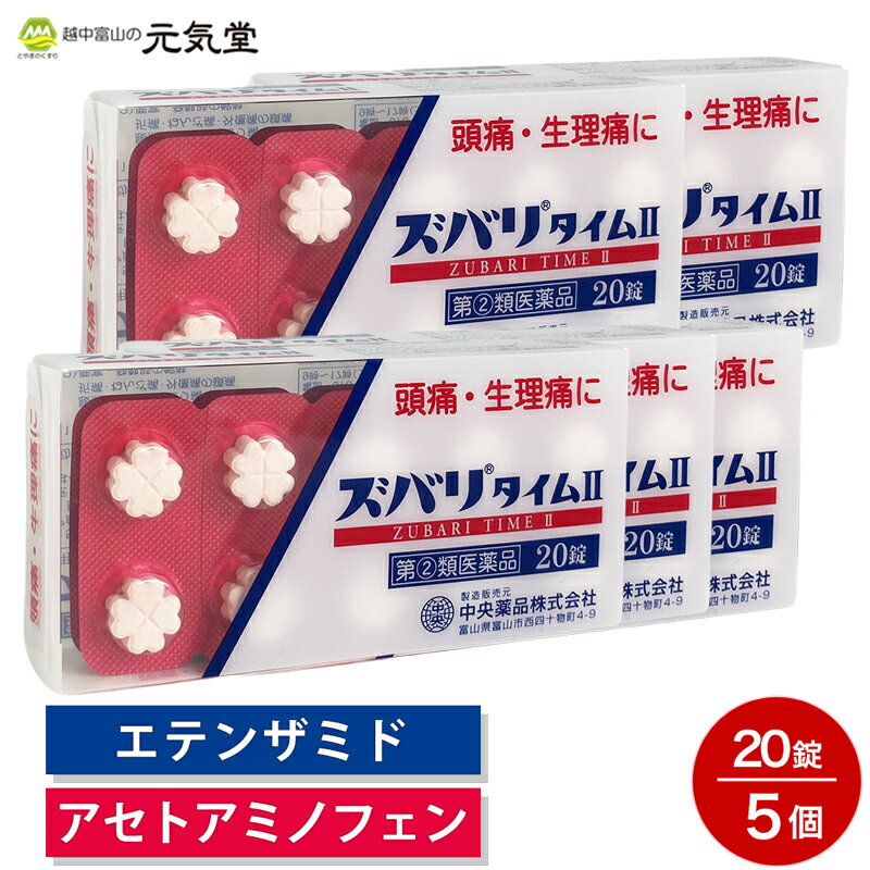 ズバリタイムII 20錠 5箱セット セルフメディケーション税制対象 中央薬品 エテンザミド アセトアミノフェン 頭痛 解熱鎮痛 痛み止め 発熱 置き薬 配置薬