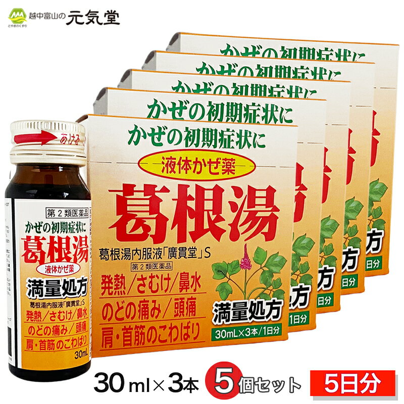 透明タイプの内服液剤で、甘みを抑えた味になっています。眠くなる成分（抗ヒスタミン成分）を含まないので、眠気の催しが少ないです。また、カフェインは含んでいません。 商品情報 商品名葛根湯内服液「廣貫堂」S 広告文責とやまのくすり 越中富山の元気堂076-478-0021 製造販売元株式会社廣貫堂(富山市梅沢町2-9-1) 区分日本製・第2類医薬品 効能・効果かぜの初期の諸症状（発熱、寒け、頭痛、肩・首筋のこわばり、鼻閉、鼻水、のどの痛み） 用法・容量 1日3回食間に服用してください。 年齢 1回量 1日服用回数 成人（15歳以上） 1本（30mL) 3回 15歳未満服用しないでください。 ※まれに微量の沈殿が生じる場合があるので、よく振ってから服用してください。 【用法・用量に関する注意】 用法・用量を厳守してください。 成人（15歳以上）は1回1本とし、1日3本を超えて服用しないでください。 本剤は1回1本の服用で飲みきり、飲み残しのないようにしてください。 成分・分量 1日量3本（90mL）中 成分 分量 葛根湯エキス※ 8300mg ※カッコン8.0g、マオウ4.0g、タイソウ4.0g、ケイヒ3.0g、シャクヤク3.0g、カンゾウ2.0g、ショウキョウ1.0gより製したエキス 添加物として、白糖、D-ソルビトール、果糖ブドウ糖液糖、ポリオキシエチレン硬化ヒマシ油、安息香酸Na、パラベン、エタノール、グリセリン、l-メントール、プロピレングリコール、バニリン、香料を含有する。 使用上の注意 【 してはいけないこと 】 守らないと現在の症状が悪化したり、副作用・事故が起こりやすくなります 短期間の服用にとどめ、連用しないでください 【 相談すること 】 1．次の人は服用前に医師、薬剤師又は登録販売者に相談してください （1）医師の治療を受けている人。 （2）妊婦又は妊娠していると思われる人。 （3）体の虚弱な人（体力の衰えている人、体の弱い人）。 （4）胃腸の弱い人。 （5）発汗傾向の著しい人。 （6）高齢者。 （7）今までに薬により発疹・発赤、かゆみ等を起こしたことがある人。 （8）次の症状がある人：むくみ、排尿困難 （9）次の診断を受けた人：高血圧、心臓病、腎臓病、甲状腺機能障害 2．服用後、次の症状があらわれた場合は副作用の可能性があるので、直ちに服用を 中止し、製品を持って医師、薬剤師又は登録販売者に相談してください 関係部位:症状 皮膚:発疹・発赤、かゆみ 消化器:吐き気、食欲不振、胃部不快感 まれに下記の重篤な症状が起こることがあります。その場合は直ちに医師の診療を受けてください。 症状の名称:症状 偽アルドステロン症、ミオパチー:手足のだるさ、しびれ、つっぱり感やこわばりに加えて、脱力感、筋肉痛があらわれ、徐々に強くなる。 肝機能障害:発熱、かゆみ、発疹、黄疸（皮膚や白目が黄色くなる）、褐色尿、全身のだるさ、食欲不振等があらわれる。 3．5〜6回服用しても症状がよくならない場合は服用を中止し、製品を持って医師、薬剤師又は登録販売者に相談してください 保管及び取扱い上の注意(1)直射日光の当たらない湿気の少ない涼しい所に保管してください。 (2)小児の手のとどかない所に保管してください。 (3)他の容器に入れ替えないでください。(誤用の原因になったり品質が変わります。) (4)使用期限の過ぎた製品は使用しないでください。 内容量30mL×3本 医薬品の使用期限使用期限1年以上の商品を販売しております。2