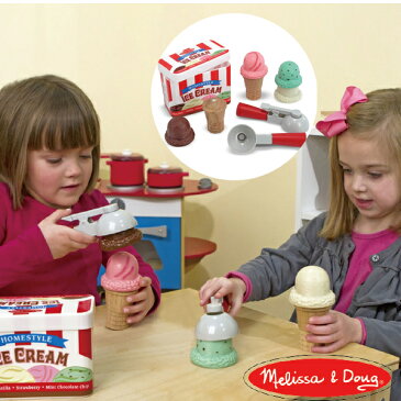 Melissa & Doug メリッサ＆ダグ アイスクリーム コーン プレイセットおままごと 3歳、4歳の男の子、女の子のお誕生日プレゼントやクリスマスプレゼントにおすすめ。アメリカの大手玩具メーカーMelissa & Doug(メリッサ&ダグ)の木製のおままごと用玩具（おもちゃ）です