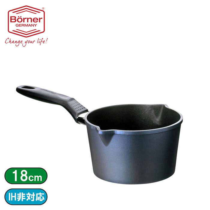 【ブランド】ベルナー　BORNER 【ブランド国名】ドイツ 【寸法】鍋サイズ18cm　深さ11cm 【容量】2225ml 【材質】柄：ベークライト　パン：アルミ＋チタン酸化物＋四弗化エチレンコーティング 【重量】1075g 【原産国】ドイツ 【耐冷・耐熱温度】240℃ ≪注意≫※セール品につき、保証は致しかねます。ご了承ください。 ※240℃を超える使用はコーティングを著しく劣化させます。 ★BORNER(ベルナー)商品一覧★ドイツ・ベルナーの高品質なフライパン・鍋シリーズです。容量：2リットル、底厚10mm。 チタン酸化物＋四弗化エチレンコーティング。