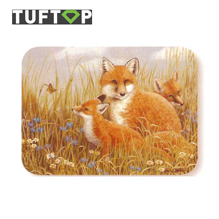 タフトップ　TUFTOP　ガラスまな板　『Wild』　中【約30×40cm】【四角】フォックストリオ きつねの親子 強化ガラス（耐熱ガラス）カッティングボード キッチントッププレート 調理台保護プレート　鍋敷き【アウトレット・訳あり】