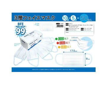 3層フェイスマスク 50枚入(お一人様1箱まで)(不織布マスク 50枚入り ますく 3層構造 高密度フィルター マスク プリーツマスク 男女兼用 白 ホワイト ウイルス対策 ホワイト 使い捨てマスク ふつうサイズ 大人用 使い捨て 1DAYMASK ほこり ウイルス)