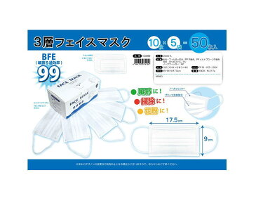 3層フェイスマスク　50枚入（お一人様1箱まで）（不織布マスク 50枚入り ますく 3層構造 高密度フィルター マスク プリーツマスク 男女兼用 白 ホワイト ウイルス対策 ホワイト 使い捨てマスク ふつうサイズ 大人用 使い捨て 1DAYMASK ほこり ウイルス）