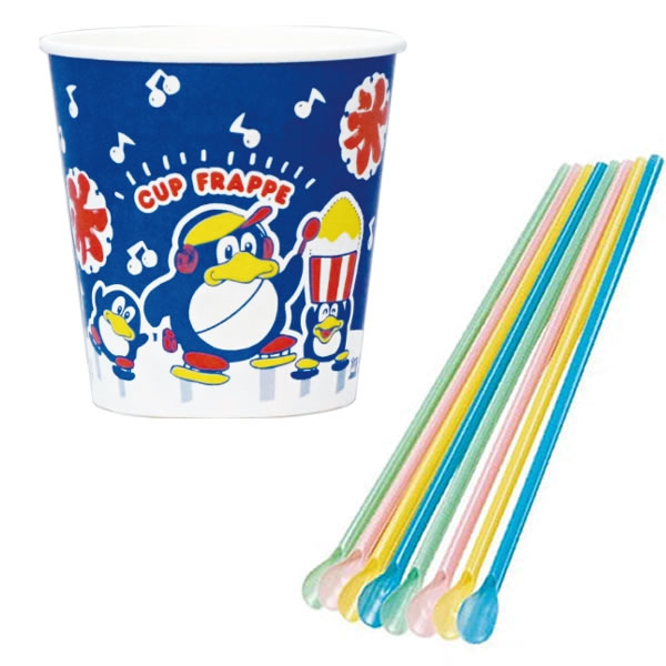 かき氷用紙製カップ・ストロースプーンセット(100セット) 【商品番号】No.146 【大きさ】カップ/φ9.3×H9.1cm、容量：400mlストロースプーン/口径0.7×20.9cm 【素材】カップ/紙製、ストロースプーン/PP 【備考】 カップ・ストロースプーンは画像とデザイン・形状・サイズ等が変更になる場合があります。