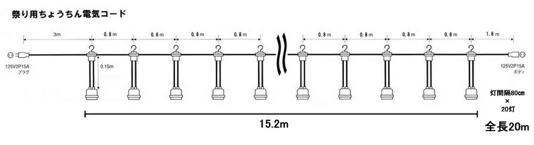 祭り用ちょうちん電気コード　屋外用　防水ゴム製コンセント使用　Aタイプ（全長20m、20灯、80cm間隔）/ 動画有