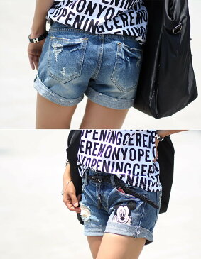 ロリータ ジーンズ LOLITA JEANS ショートパンツ デニム ディズニー コラボ ミッキー ワッペン ダメージ■lo-576