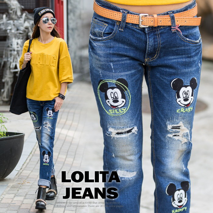 ロリータ ジーンズ LOLITA JEANS ストレート デニム ディズニー コラボ ミッキー ワッペン ダメージ■lo-217 その1