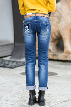 ロリータ ジーンズ LOLITA JEANS ストレート デニム ディズニー コラボ ミッキー ワッペン ダメージ■lo-217