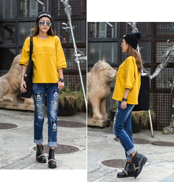 ロリータ ジーンズ LOLITA JEANS ストレート デニム ディズニー コラボ ミッキー ワッペン ダメージ■lo-217