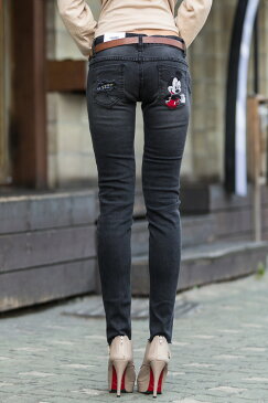 ロリータ ジーンズ LOLITA JEANS スキニー デニム ディズニー コラボ ミッキー ワッペン ダメージ■lo-220