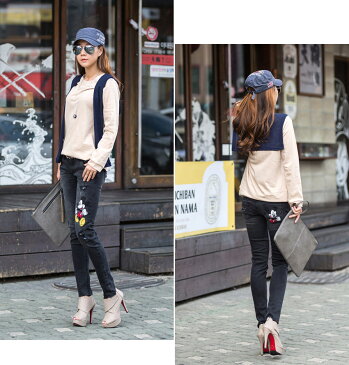 ロリータ ジーンズ LOLITA JEANS スキニー デニム ディズニー コラボ ミッキー ワッペン ダメージ■lo-220