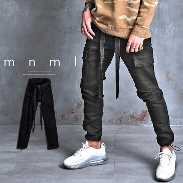 mnml ミニマル デニム デニムパンツ メンズ カーゴパンツ カーゴ ジーンズ ブランド ワイドパンツ ゆったり 太め 服 黒 ブラック ブラックデニム ロールアップ ストレッチ オシャレ 大きいサイズ ベルト付 28 29 30 32 34 服 オラオラ系 お兄系 ※送料無料