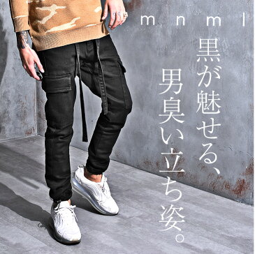 mnml ミニマル デニム デニムパンツ メンズ カーゴパンツ カーゴ ジーンズ ブランド ワイドパンツ ゆったり 太め 服 黒 ブラック ブラックデニム ロールアップ ストレッチ オシャレ 大きいサイズ ベルト付 28 29 30 32 34 服 オラオラ系 お兄系 ※送料無料
