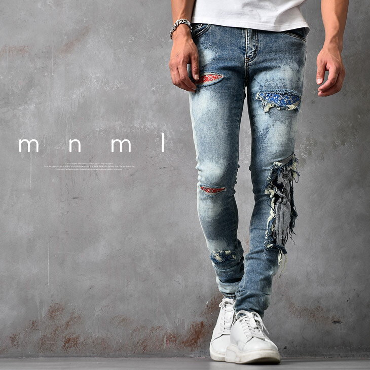 【送料無料】mnml ミニマル スキニー ジーンズ スキニーデニム メンズ ダメージ クラッシュ タイトスキニー ストレッチ デニムパンツ ブランド ストレート バンダナ ジーパン 大きいサイズ ストリート系 お兄系 BITTER系 ビター系 X161 STRETCH DENIM 20ML-SP660D