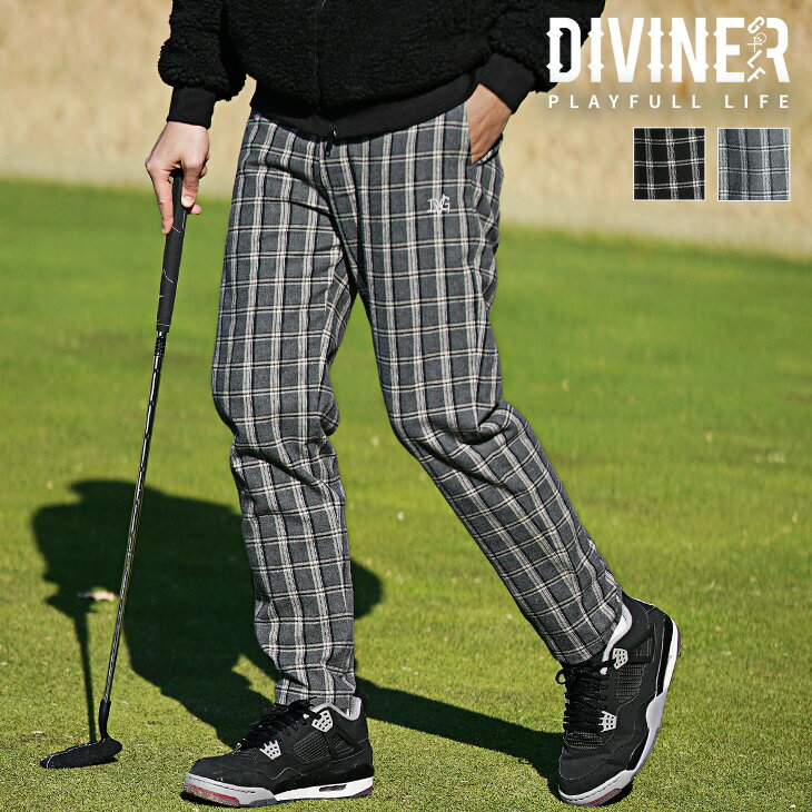 ディヴァイナー 【DIVINER GOLF】 ゴルフウェア メンズ チェックパンツ ブランド ロゴ ボトムス ロングパンツ ストレート ウエストゴム ベルトループ付き 大きいサイズ XL XXL ブラック グレー メンズファッション JOKER ジョーカー ディバイナーゴルフ