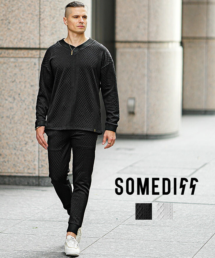 セットアップ メンズ 長袖 ブランド オーバーサイズ ロンT ジョガーパンツ スウェットパンツ メンズ 上下セット Vネック Tシャツ ブラック ホワイト 秋 ...