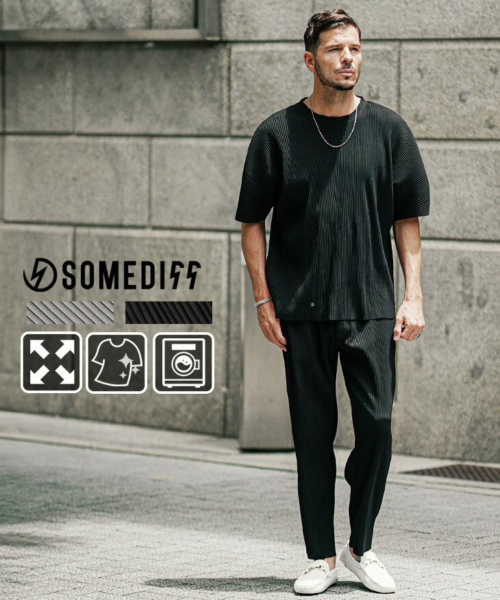 プリーツ セットアップ メンズ 夏 Tシャツ メンズ 半袖 プリーツパンツ オーバーサイズ ビッグシルエット 半袖Tシャツ イージーパンツ テーパード 2点セッ...