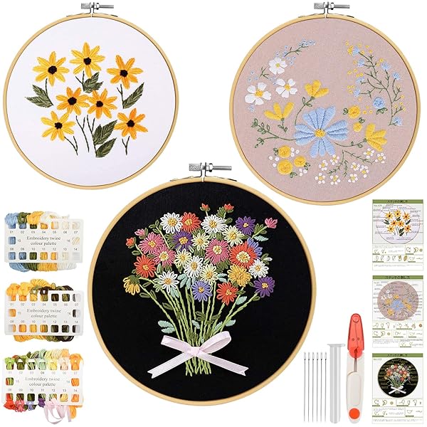 刺繍キット 刺しゅう 初心者 刺繍初心者キット 花 英語と日本語説明書付き 竹製刺繍枠3本15CM/18CM/20C..