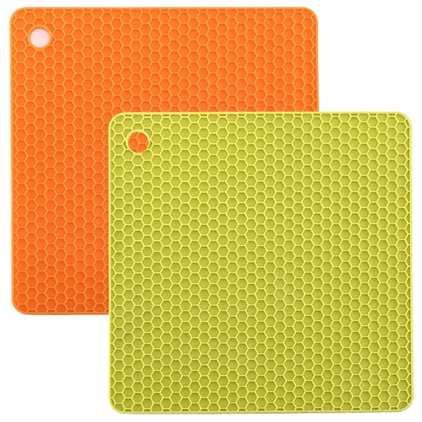 鍋敷き 耐熱鍋敷き 鍋つかみ コースター保護 シリコン耐熱鍋敷き 滑り止め 防水 厚手 柔軟 絶縁 2枚 シリコン製 オレンジ+グリーン 18.2*18.2cm