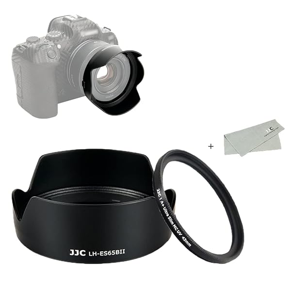 JJC 2-in-1 キャノン ES-65B 互換 花形 レンズフード と UVフィルター キット Canon RF 50mm F1.8 STM レンズ 適用 Eos R5 R6 R RP Ra 対応 レンズクロス 付き
