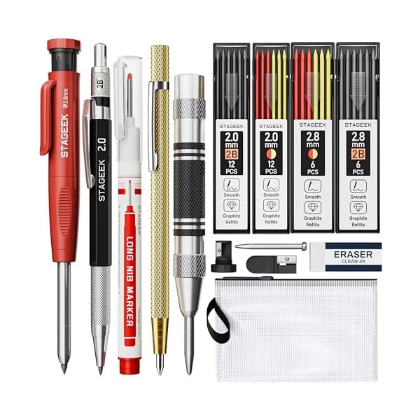 建築用シャーペン 14点セット 2.8mm大工用シャープペンシル ケガキペン ポンチ マーカー シャー芯（赤..