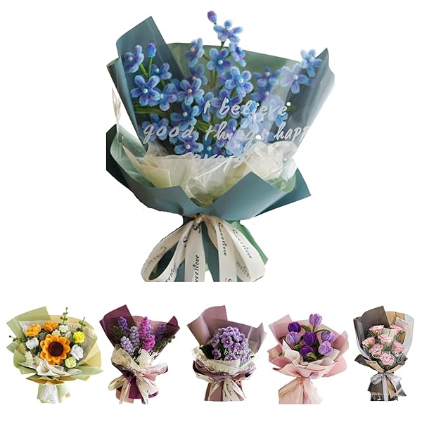 手芸モール 造花セット【日本語のチュートリアルビデオ付き】複数の色から選択可能 - ひまわり ブルースター バラ ラベンダー アジサイ チューリップ 花束 ギフ...