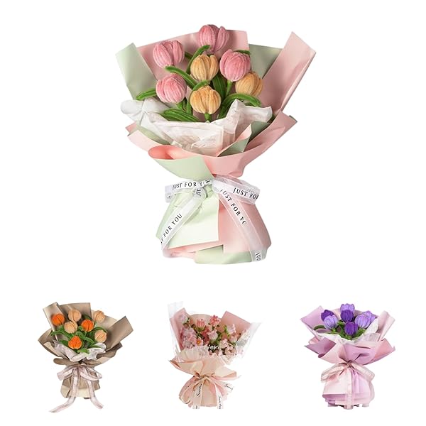 手芸モール 花セット【日本語のチュートリアルビデオ付き】複数の色から選択可能 - ひまわり ブルースター バラ ラベンダー アジサイ チューリップ 花束 ギフト...