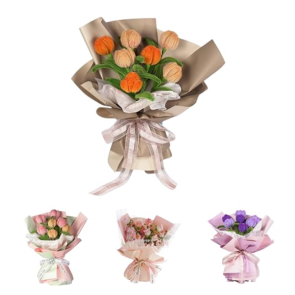 手芸モール 花セット【日本語のチュートリアルビデオ付き】複数の色から選択可能 - ひまわり ブルースター バラ ラベンダー アジサイ チューリップ 花束 ギフト...