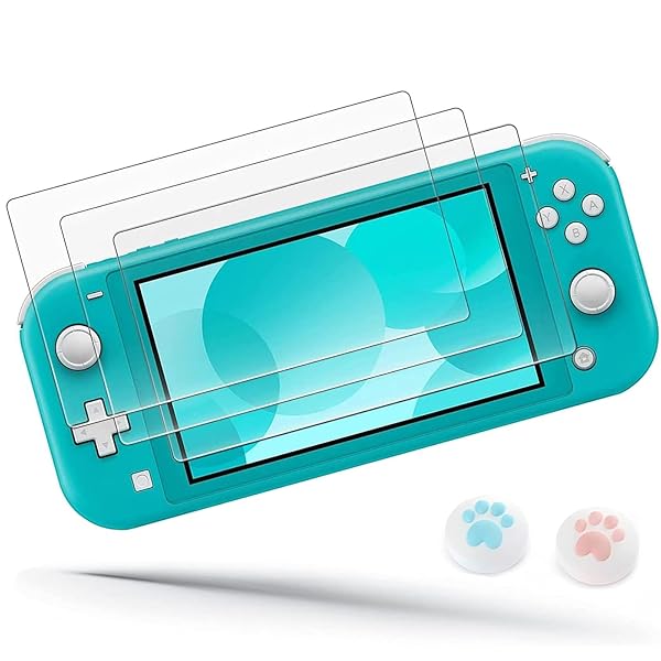 Switch Lite用 ガラスフィルム【3枚セット】switchライト 保護フィルム 強化 ガラス ブルーライトカット 日本旭硝子素材 強靭9H 高透過率 撥水撥油 気泡防止 指紋防止 飛散防止 目の疲れ軽減 貼り付け簡単 親指グリップキャップ*2