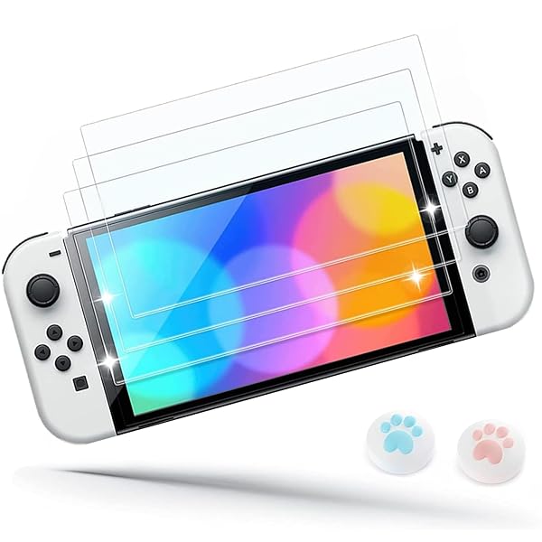 Switch 有機ELモデル用 ガラスフィルム【3枚セット】Switch OLED 保護フィルム 強化 ガラス ブルーライトカット 日本旭硝子素材 強靭9H 高透過率 撥水撥油 気泡防止 指紋防止 飛散防止 目の疲れ軽減 貼り付け簡単 親指グリップキ
