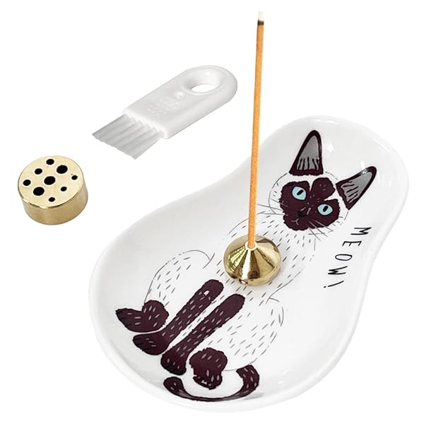 お香立て 線香立て 猫のパタン皿 かわいい インテリア 香炉 癒しグッズ アロマ用 プレゼント 玄関 長さ10cm ブラシ付（シャム猫）
