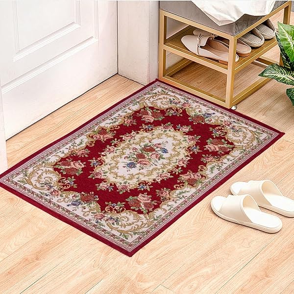 玄関マット 室内 おしゃれ 花柄 洗える 玄関マット 泥落とし ゴブラン織り 滑り止め 60×90 丸洗い 玄関 マット 北欧 屋内 自宅 吸水速乾 抗菌防臭 耐磨耗性 滑り止め 床暖房対応 オールシーズン適用マット (レッド)
