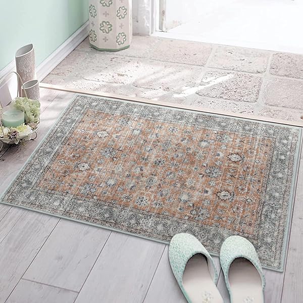 玄関マット 室内 洗える ペルシャ風 50х80cm オールシーズン適用 小さい ふわふわ バスマット おしゃれ 滑り止め 吸水 ラグマット 低反発 防音 屋外 泥落とし アンティーク 長方形 防臭 軽量 ヴィンテージ風 花柄