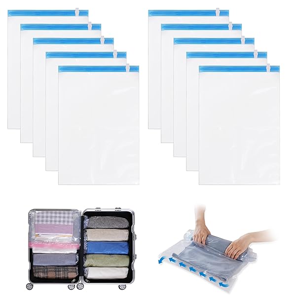 圧縮袋 旅行 衣類圧縮袋 40*60cm（10枚）約80％圧縮 真空あっしゅく袋 洋服 ダウン アウター 掃除機不..
