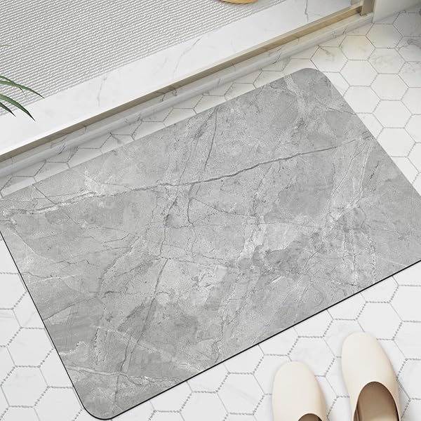 バスマット 速乾 お風呂マット 滑り止め 足拭き 高吸水力 ソフト 洗える 割れない 通気 安心 多層構造 収納便利 プレゼント 浴室 洗面所 バスルーム 大理石テクスチャー （60cmx40cm, 大理石グレー）