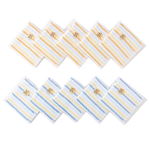 プチギフト タオルハンカチ 10枚入り 25x25cm 綿100％ ハンドタオル 個包装 ラッピング付 コットン ミニタオル ふわふわ 通学 通勤 景品 プレゼント ありがとう 結婚式 退職 お返し 粗品 お礼 (ブルー5枚+オレンジ5枚)