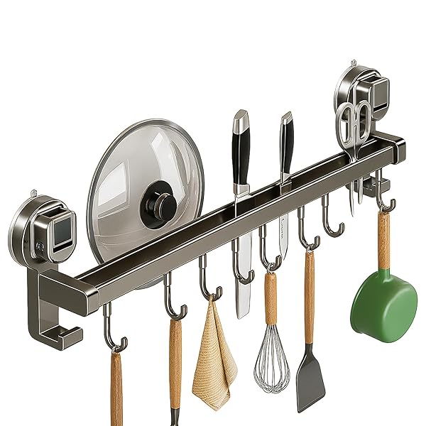 キッチンツールフック 吸盤 壁掛け 台所 収納 強力 キッチンツール 壁に穴を開けない 吊り下げ 賃貸OK 防水防錆 可動式フック 穴あけ不要 (40cm 8個)