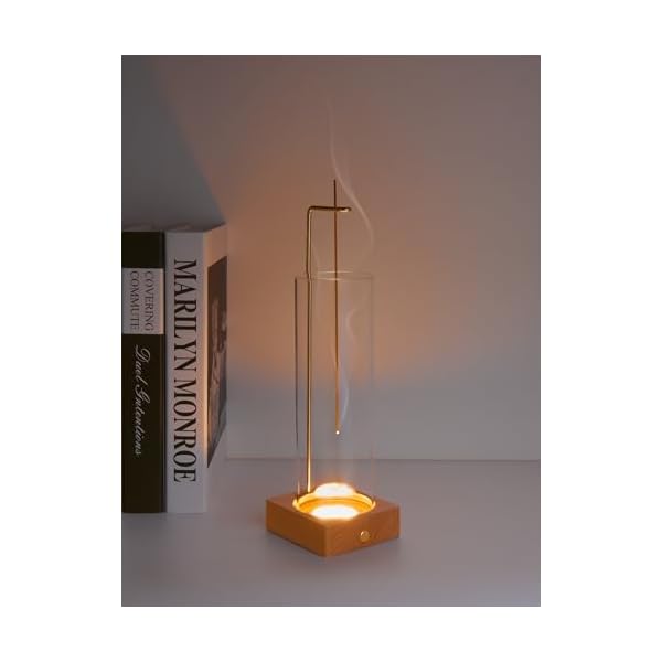 お香立て おしゃれ 線香立て 灰がこぼれない 香炉 LEDライト付き(3色調光) ガラス製 吊り下げ式 天然木ベース 癒し インテリア 書斎 寝室 (ナチュラル+円形)