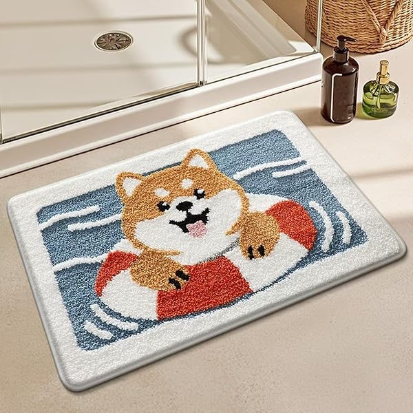 玄関マット 浴室マット バスマット 吸水 滑り止め 防カビ 洗えるマット 可愛い おしゃれ ネコ柄 犬柄 廊下 洗面台 キッチン 吸湿性吸水性 柔らかい 厚手おしゃれマット 45×75cm (スイミング柴犬, 50×80cm)