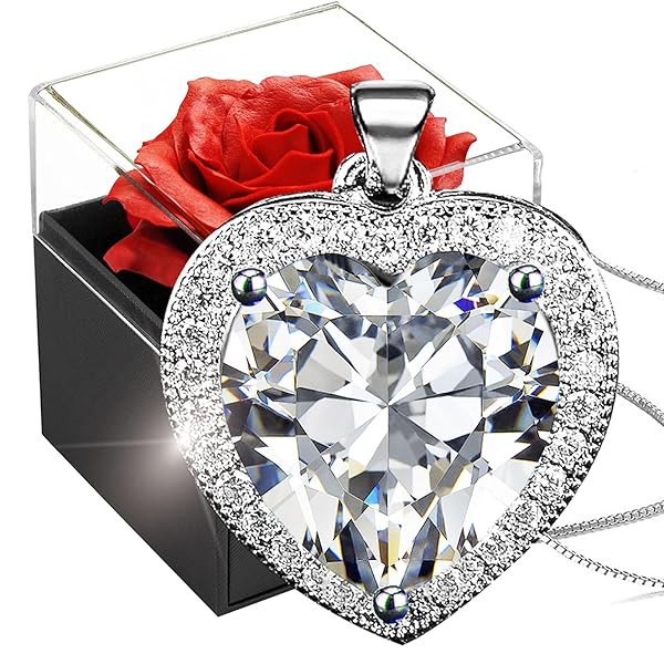 ホワイトバースストーンチェーンシルバー925と永遠のレッドローズ、レディースクリスタルハートネック..