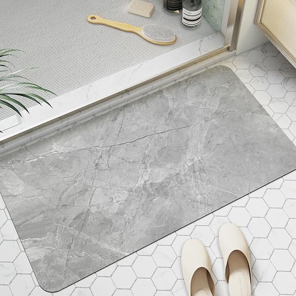 バスマット 速乾 お風呂マット 滑り止め 足拭き 高吸水力 ソフト 洗える 割れない 通気 安心 多層構造 収納便利 プレゼント 浴室 洗面所 バスルーム 大理石テクスチャー （80cmx43cm, 大理石グレー）
