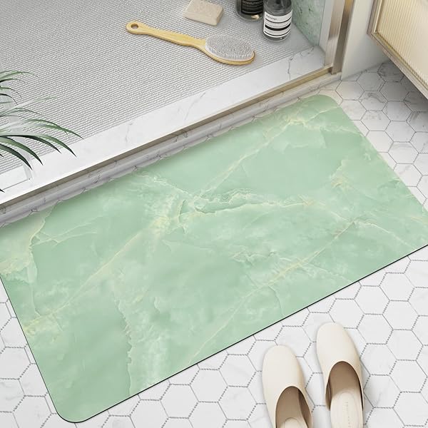 バスマット 速乾 お風呂マット 滑り止め 足拭き 高吸水力 ソフト 洗える 割れない 通気 安心 多層構造 収納便利 プレゼント 浴室 洗面所 バスルーム 大理石テクスチャー （80cmx43cm, ライトグリーン）