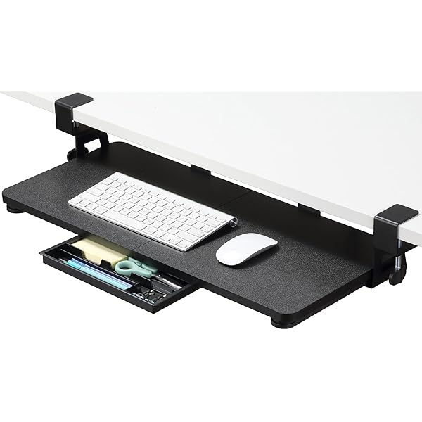 キーボードトレイ 引き出し付き 文具収納 後付け キーボードスライダー 天板2枚接ぎ クランク式 ペンケ..